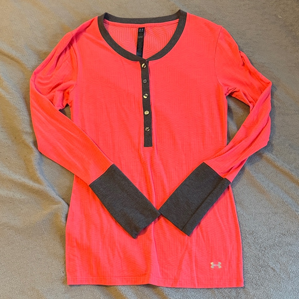 Under Armour Coral Long Sleeve Henley with Charcoal Accents